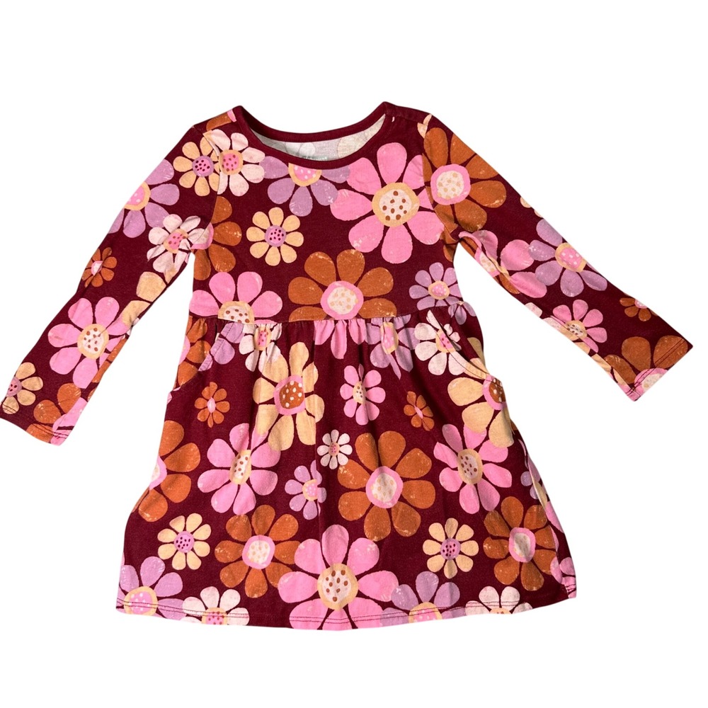 Garanimals Floral Long Sleeve Pocket Dress Retro Boho 4T Burgundy Botanical